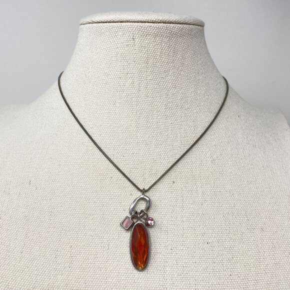 Lia Sophia Medley‎ Pendant Necklace Orange Pink Gems Silver-Tone Chain - Picture 2 of 9
